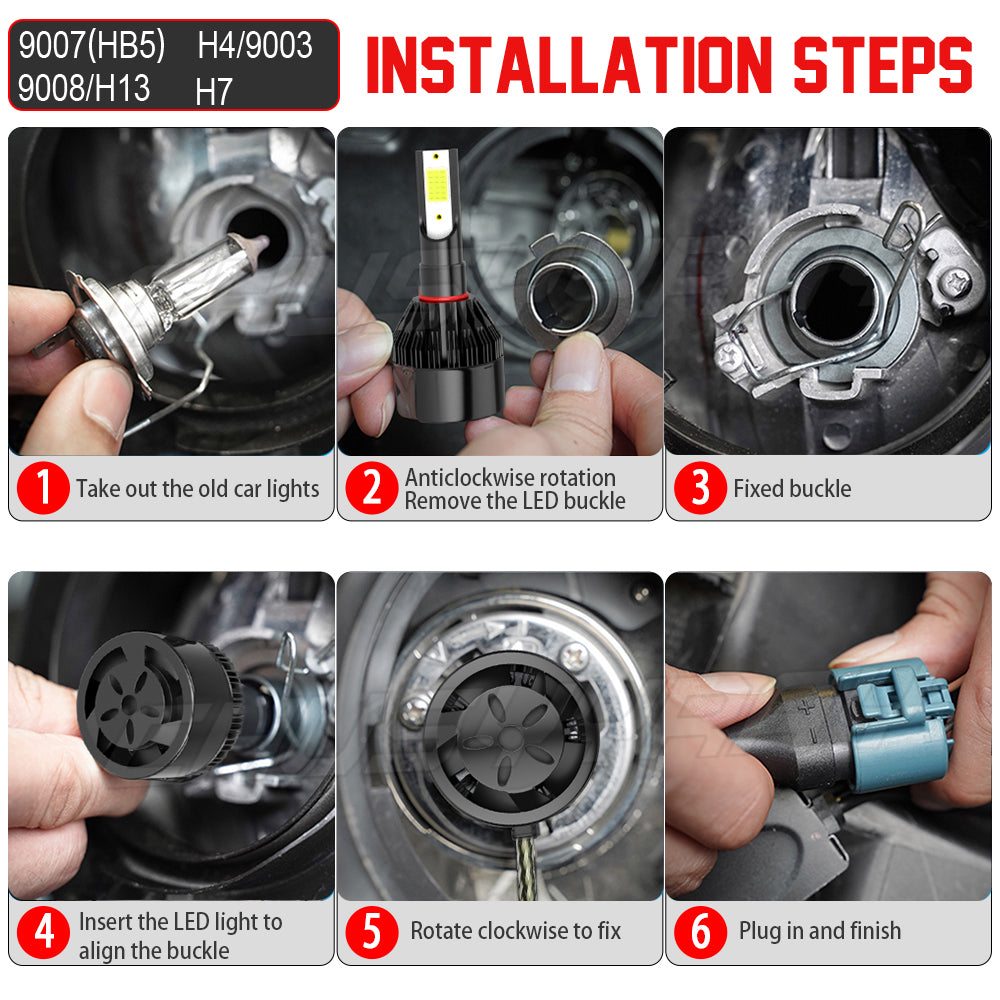 6000K LED 9008 Headlight Hi/Lo beam + 9005 Fog Light 4 Bulbs Combo kit white