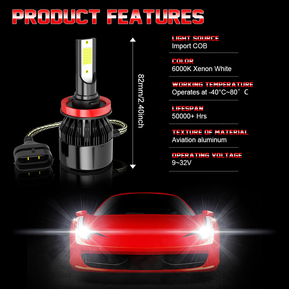 H11 H8 H9 LED Headlight Hi/Low Beam 6000K Bulbs