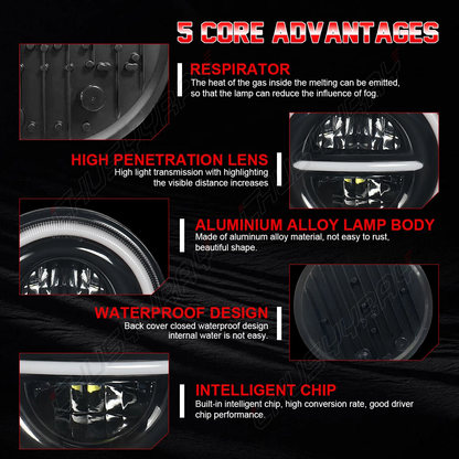 7 Inch Round LED Headlights Compatible with 2003 2004 2005 2006 2007 Jeep Liberty, 80W H6024 DOT Approved, Turn Signals, DRL, High/Low Beam, Black