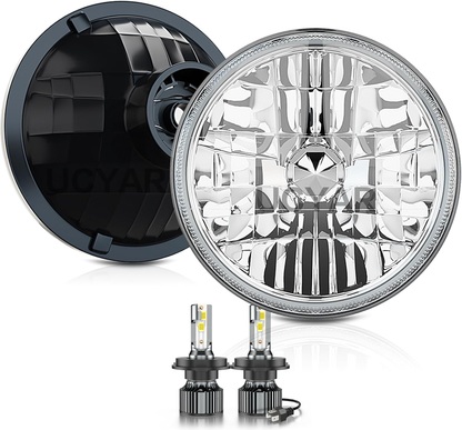 2Pcs 7" Inch H4 Universal Round Chrome Front Clear Glass Lens Diamond Headlight