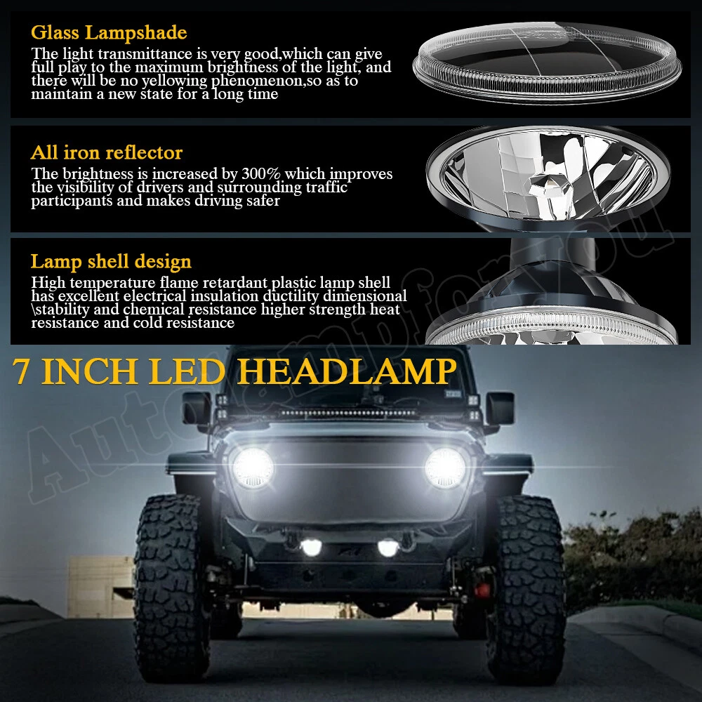 2Pcs 7" Inch H4 Universal Round Chrome Front Clear Glass Lens Diamond Headlight