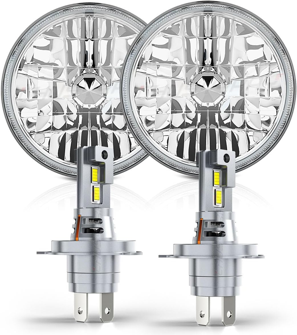 7" Round Compatible with Ford F150 LED Headlight Assembly 1975-1979 for Off-road, DOT Approved, High Low Beam Clear Lens Glass, 500% Brightness 6000K 10000LM White, Pack of 2