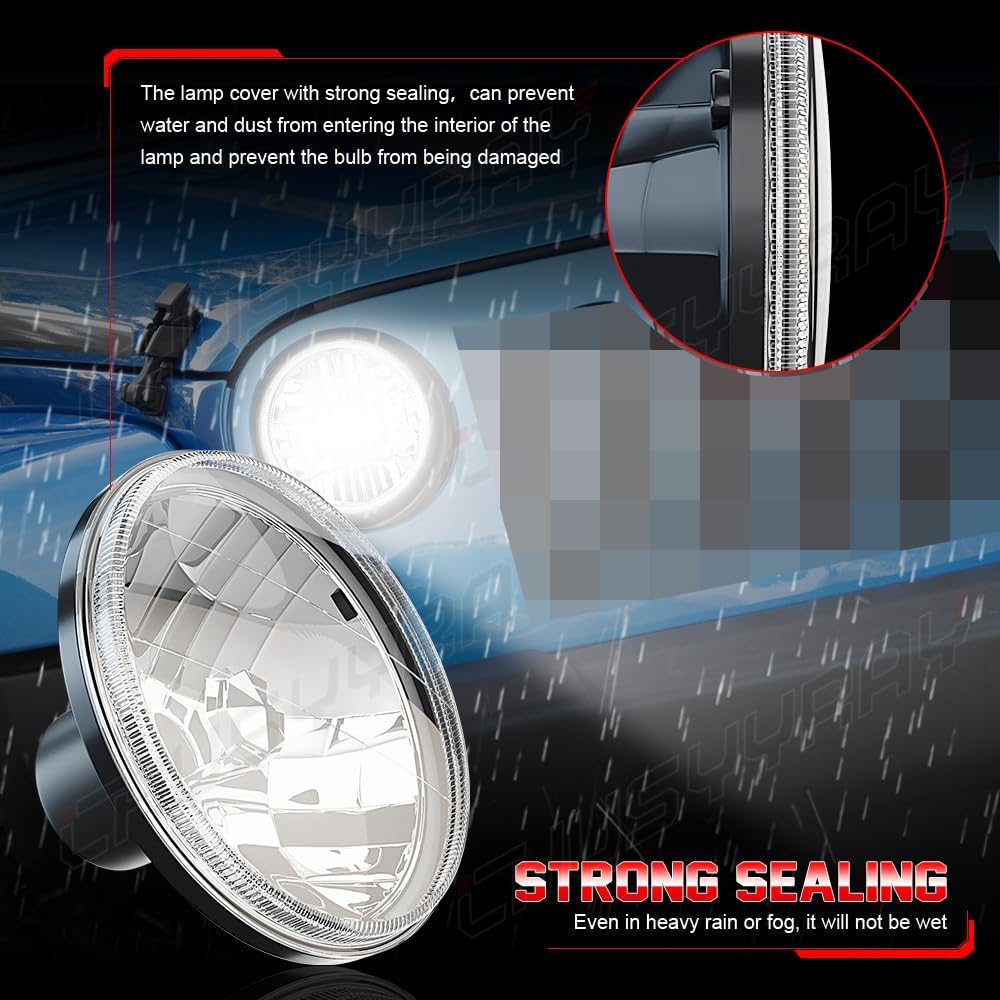 7" Round Compatible with Ford F150 LED Headlight Assembly 1975-1979 for Off-road, DOT Approved, High Low Beam Clear Lens Glass, 500% Brightness 6000K 10000LM White, Pack of 2